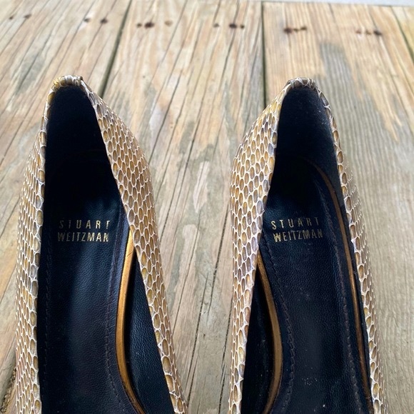 Stuart Weitzman Logo Plainfield Snakeskin Print Leather Peep Toe Heels, 8 - Picture 8 of 14